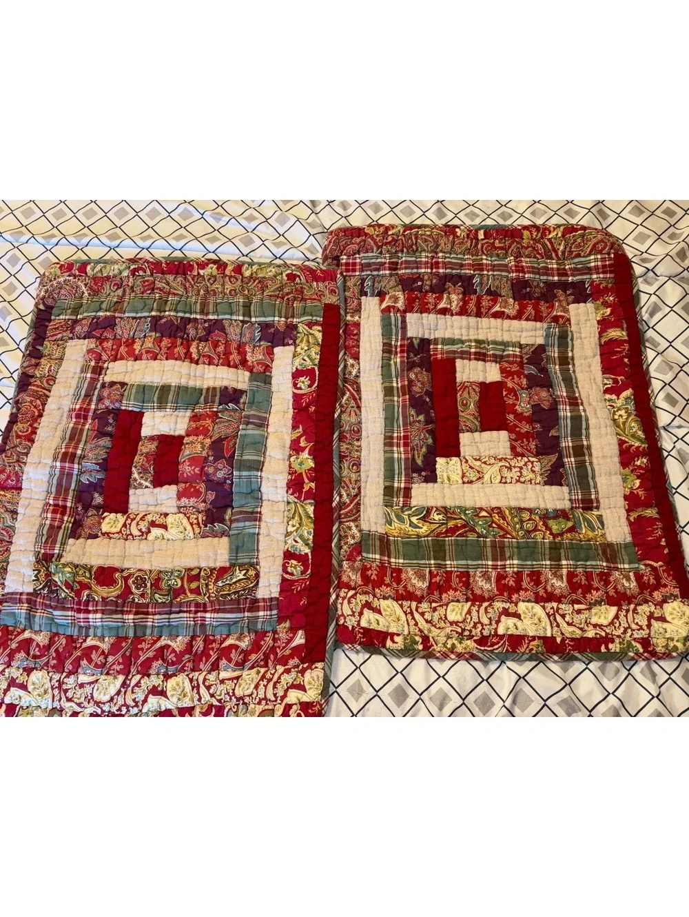 Vintage 2009 Pottery Barn Log Cabin Patchwork Pillow Shams Set Red Plaid Paisley
